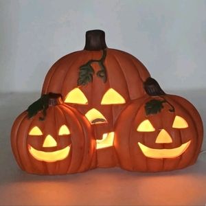 Vintage Lighted Ceramic Pumpkin Trio Jack O Lantern Spooky Lamp Halloween Decor
